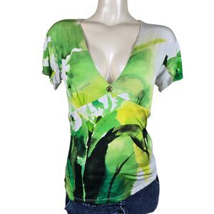 Roberto Cavalli Top 44 White Green Watercolor Botanical V-Neck Logo Luxury